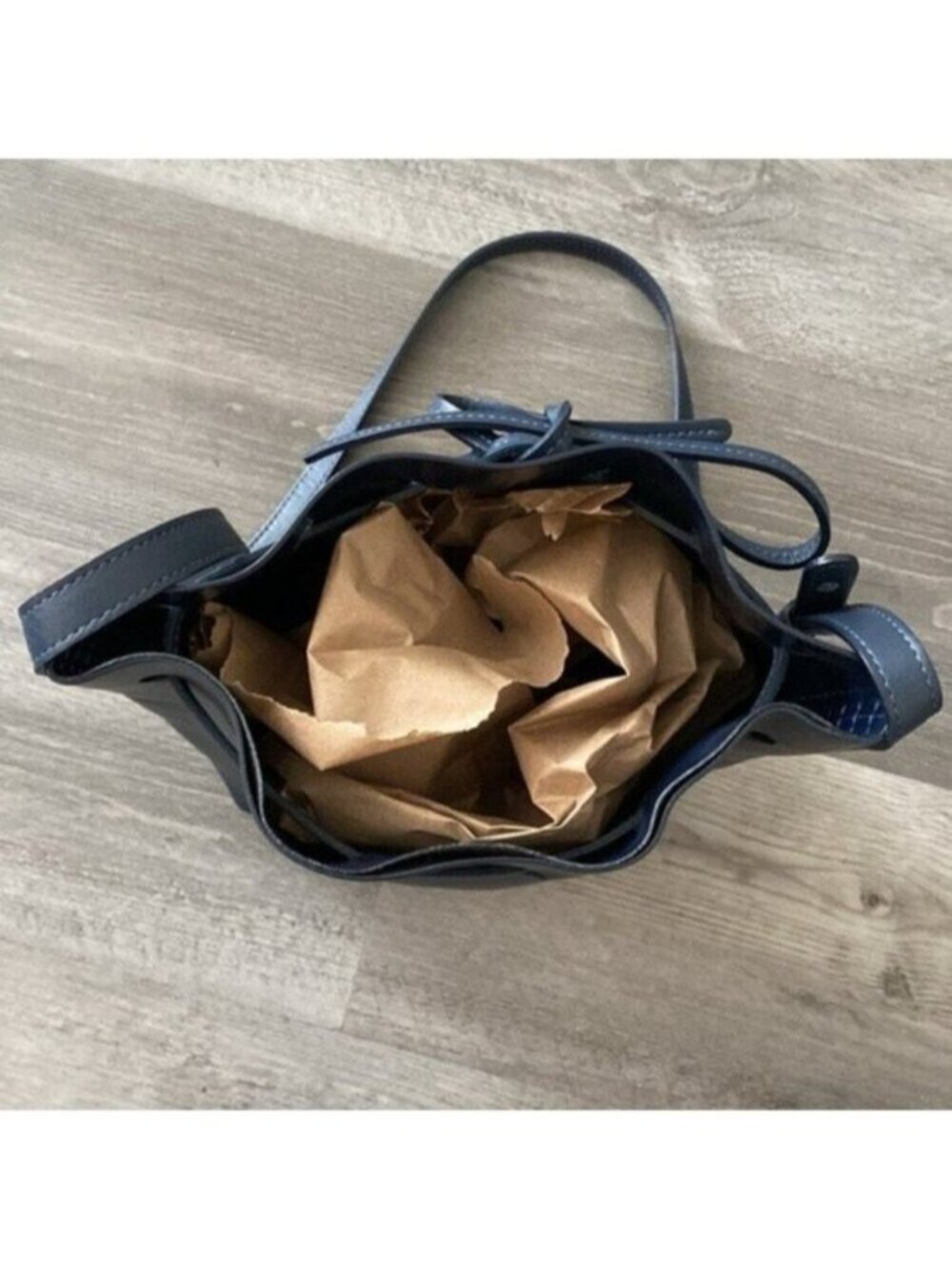 Mansur Gavriel Leather Bucket Bag Drawstring Navy Blue Gold Hardware Purse $695 - Picture 8 of 15